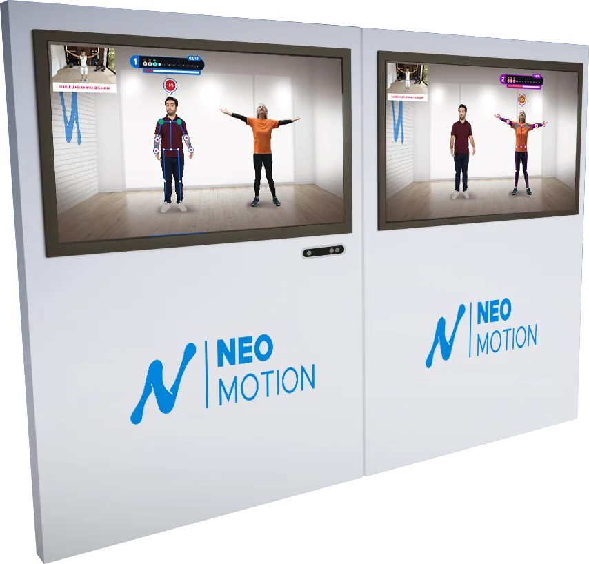montage de la configuration Neo-Motion montrant les totems duo sans utilisateurs, prêt pour installation